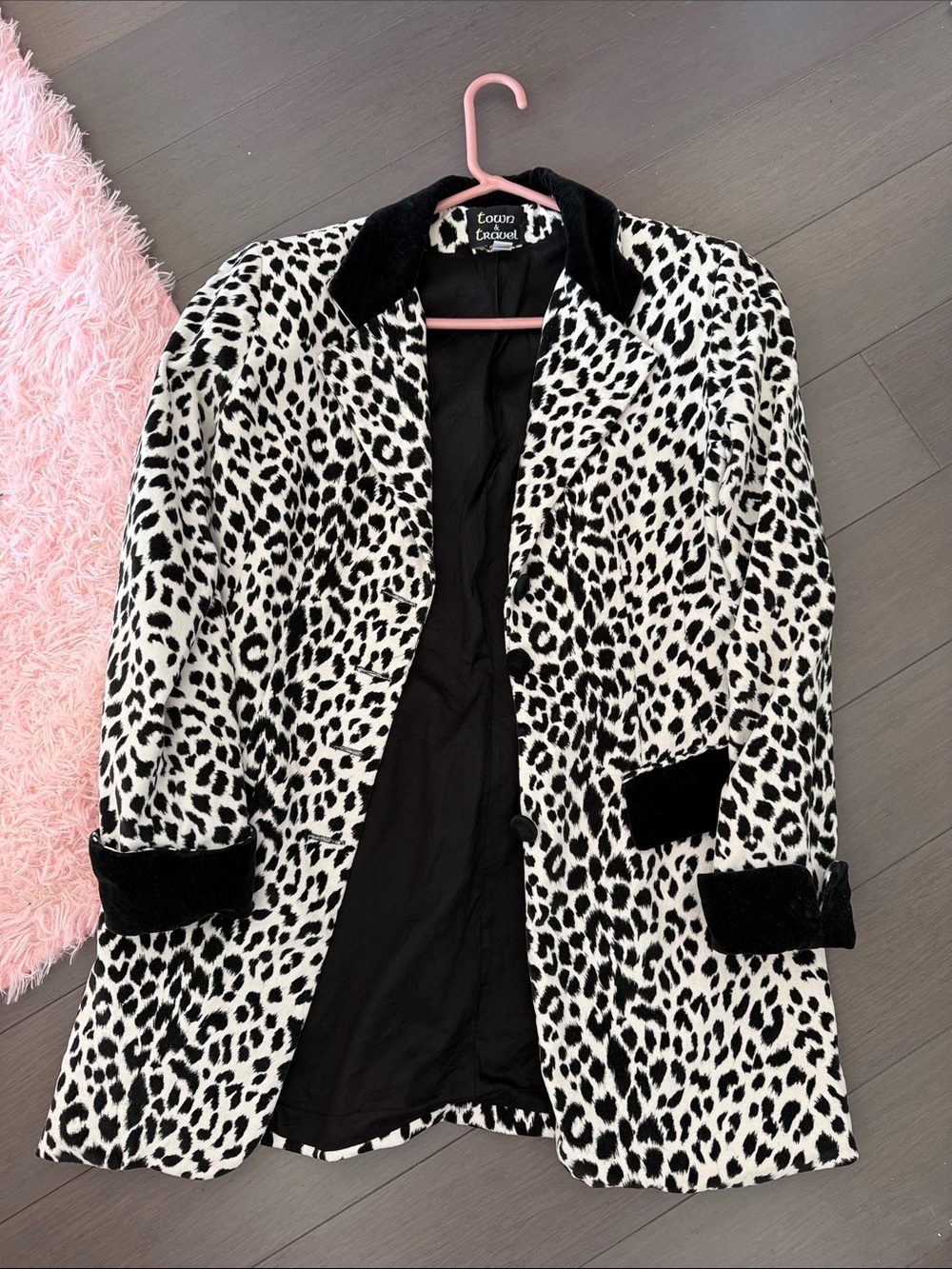 Leopard Print Faux Fur Pea Coat - Black & White